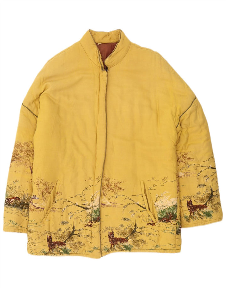 veste rembourrée femme vintage UK 16 Grand polyester imprimé animal jaune