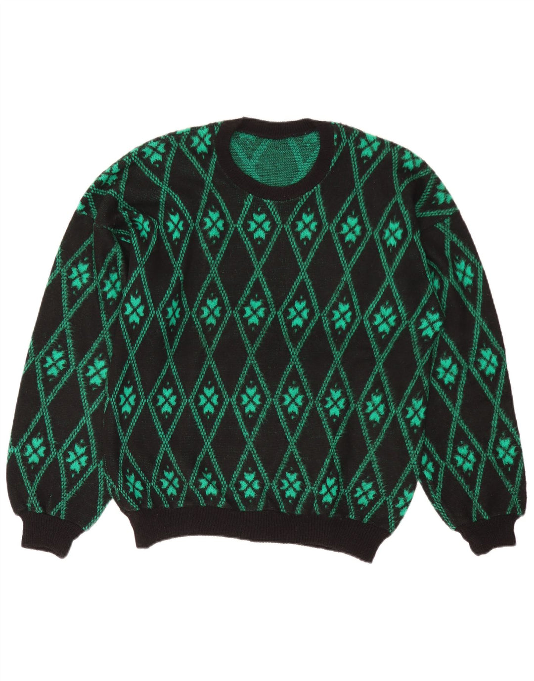 vintage Mens Crew Neck Jumper Pull Vert Moyen Argyle/Diamant
