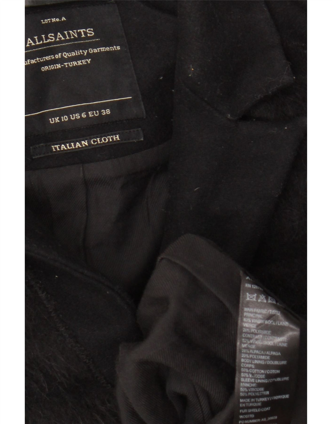 All Saints Manteau Femme UK 10 Petite Laine Vierge Rayée Noire
