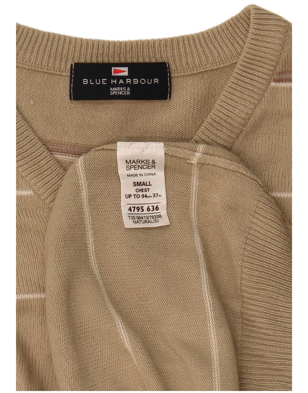 Marks & Spencer Pull à col en V Blue Harbour pour hommes, petit rayé beige