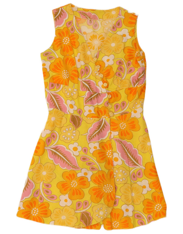 vintage Femme Robe A-Line sans manches UK 12 Moyen Jaune Floral