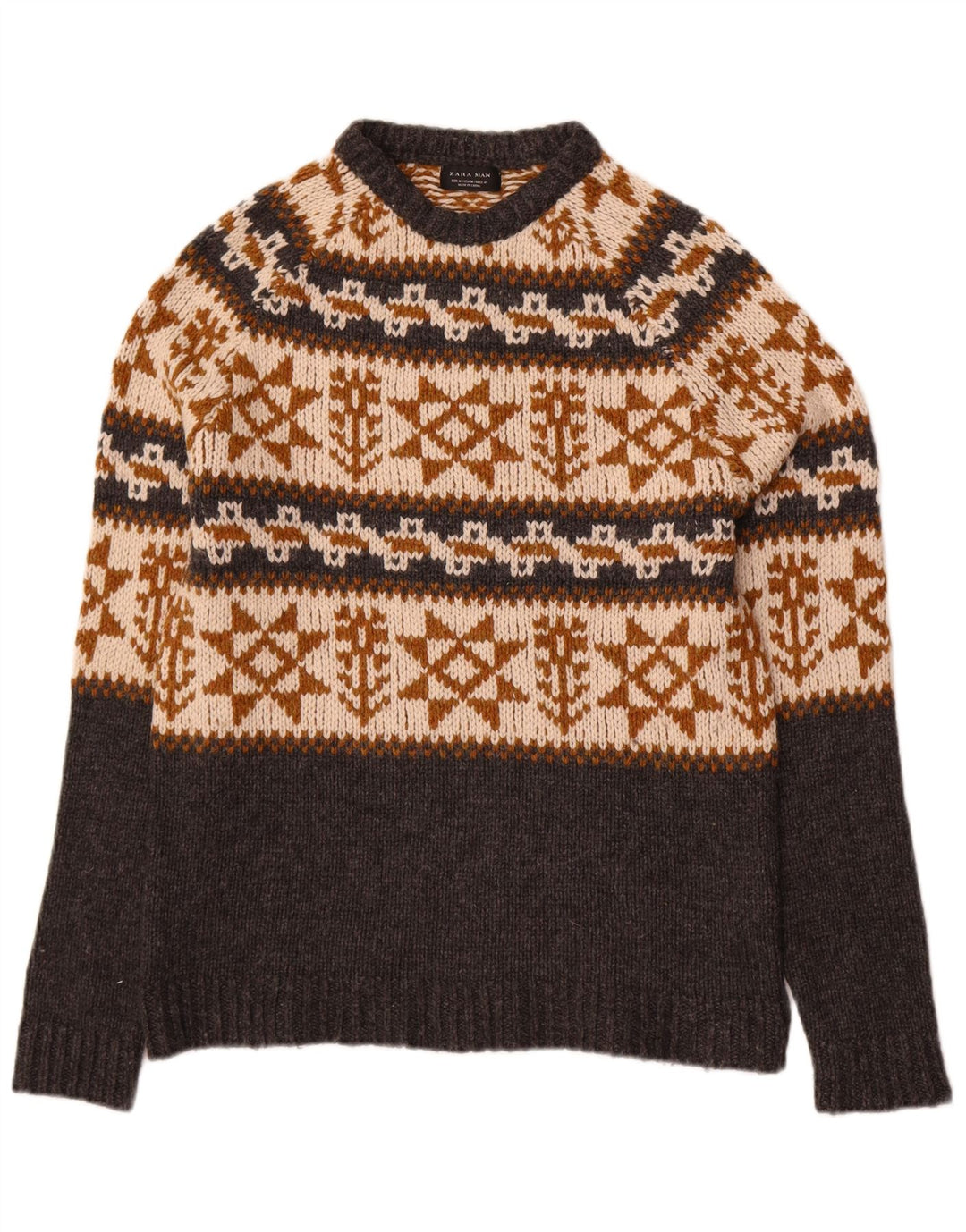 Zara Pull Col Rond Homme Gris Moyen Fair Isle Acrylique