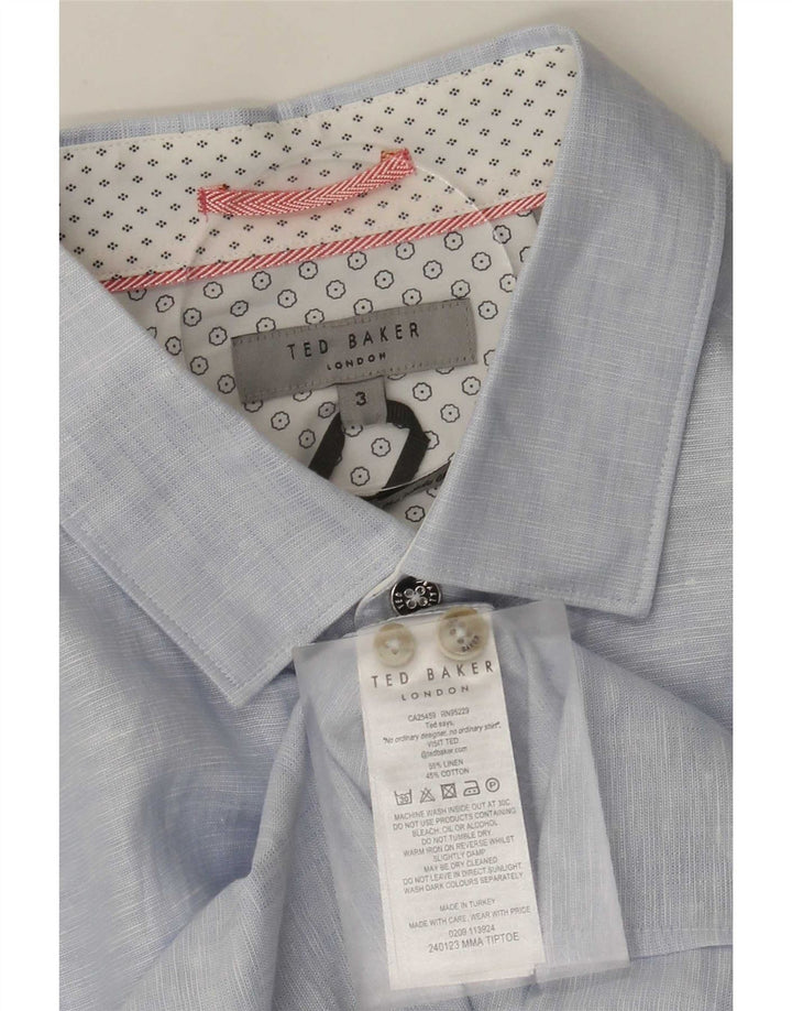 Ted Baker Chemise Homme Taille 3 Bleu Moyen Lin Moucheté