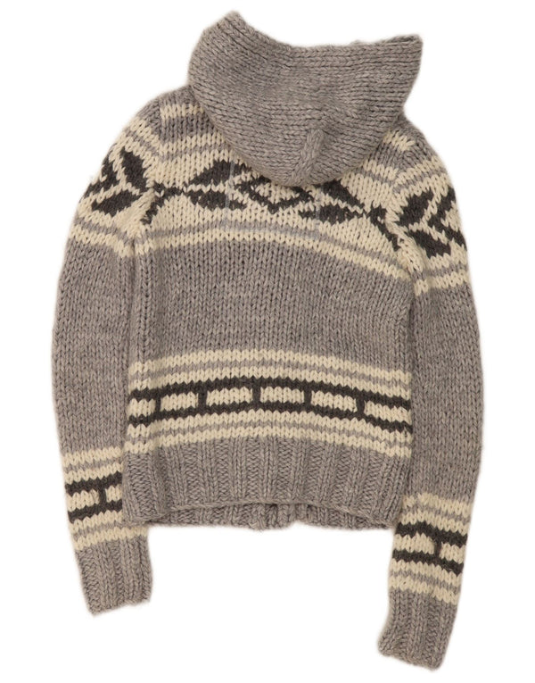 Superdry Femme Cardigan À Capuche Pull UK 6 XS Gris Géométrique Acrylique