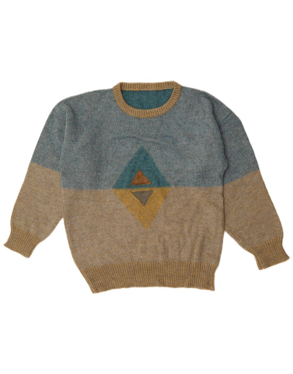 Vintage Mens Graphic Crew Neck Jumper Pull Bleu Moyen Colorblock