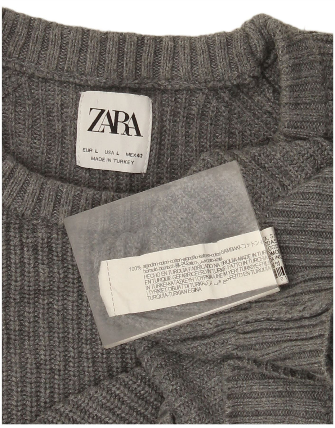 Zara Pull à col rond pour homme en coton gris Large