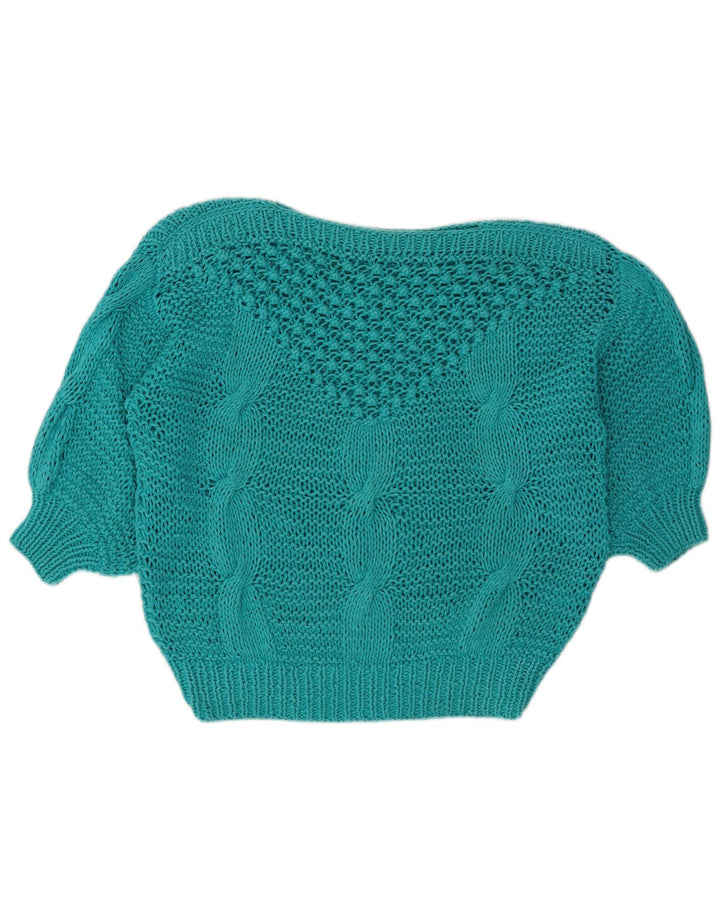 VINTAGE Femmes Crop Boat Neck Jumper Pull UK 14 Medium Turquoise
