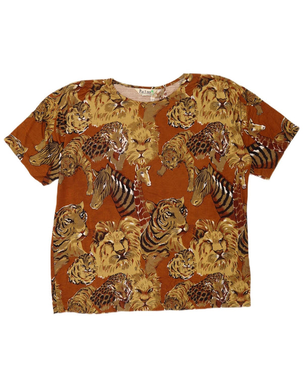 vintage Femme T-Shirt Top UK 16 Grande Viscose Imprimé Animal Brun