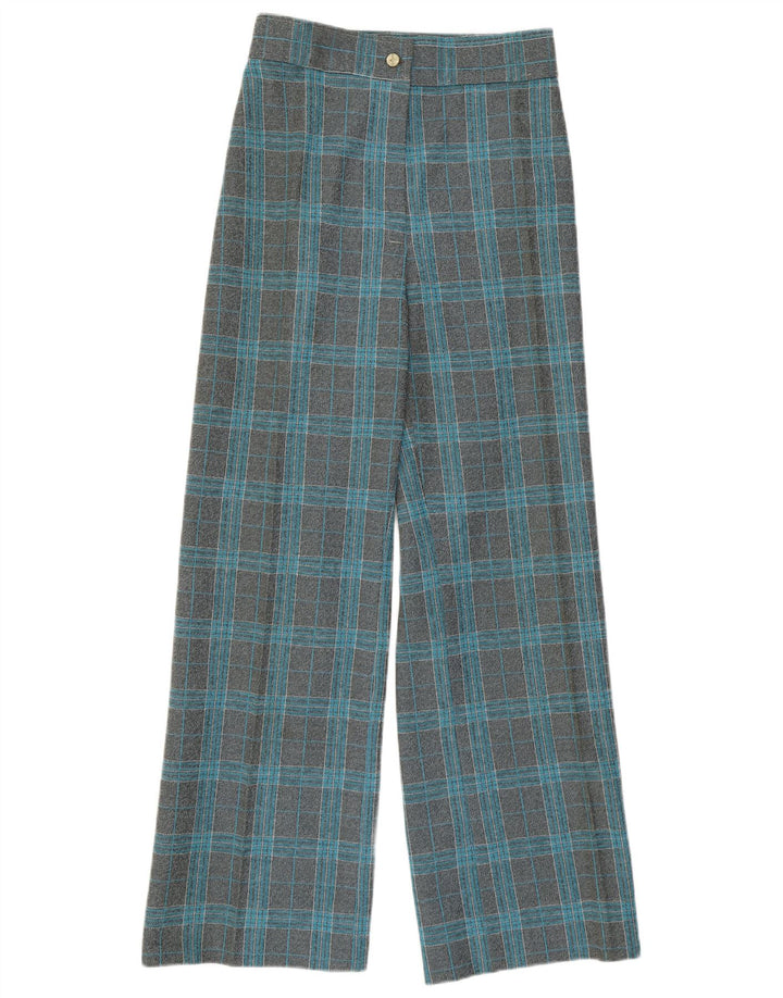 VINTAGE Pantalon décontracté taille haute à jambe large pour femme W27 L29 Gris à carreaux