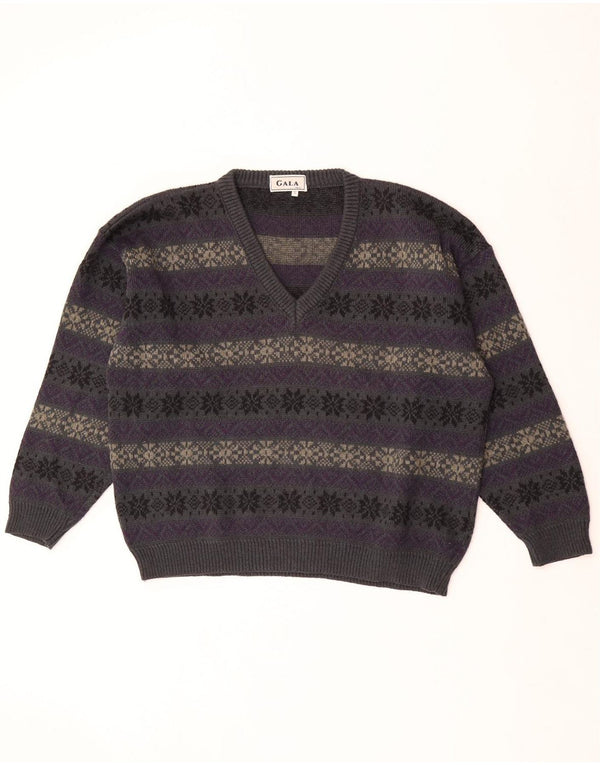 GALA Pull surdimensionné à col en V pour femme UK 16 Large Violet Fair Isle