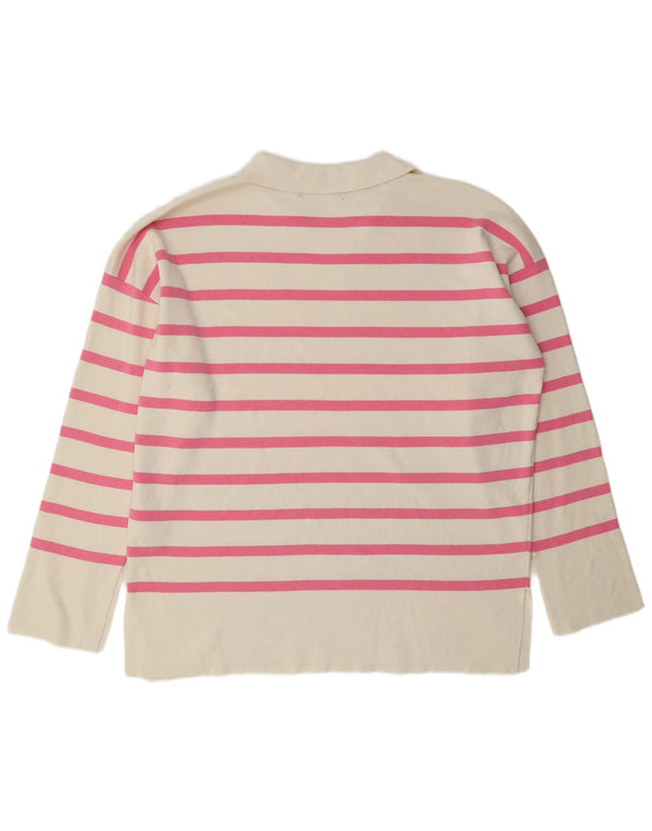 Marks & Spencer Pull à col polo pour femme UK 14 Large Blanc Rayé