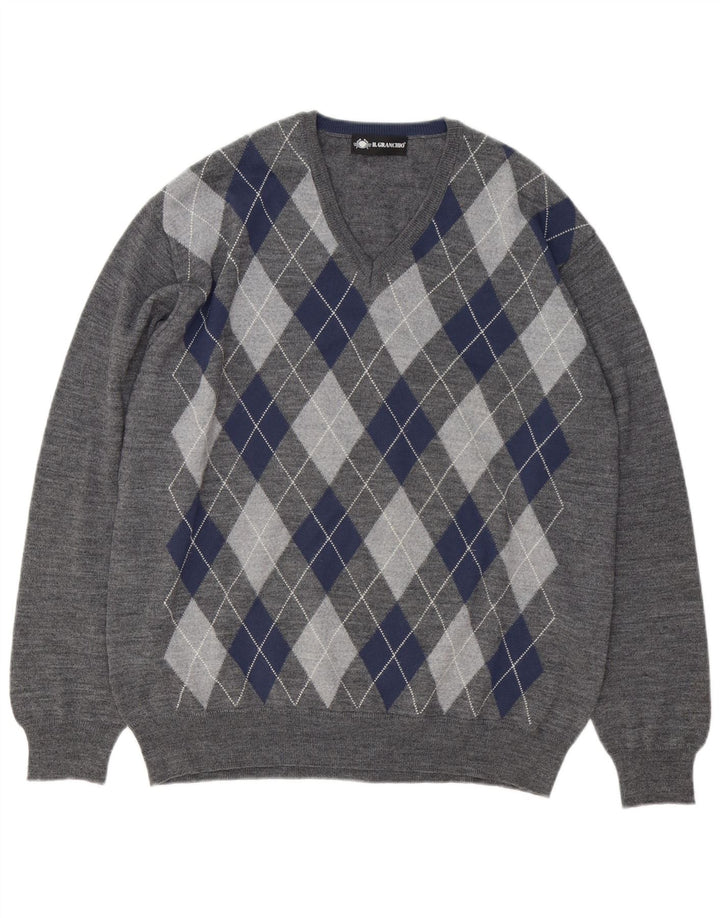 Il Granchio Pull Col V Homme Laine Gris Argyle/Diamant Large