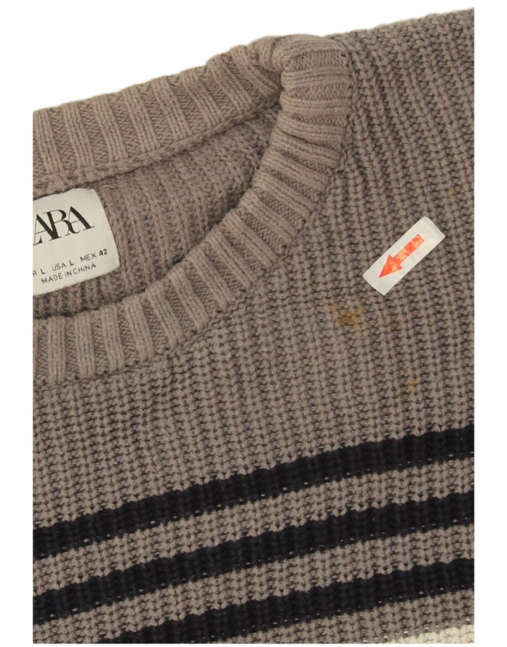 Zara Pull ras du cou pour hommes, grand, gris rayé
