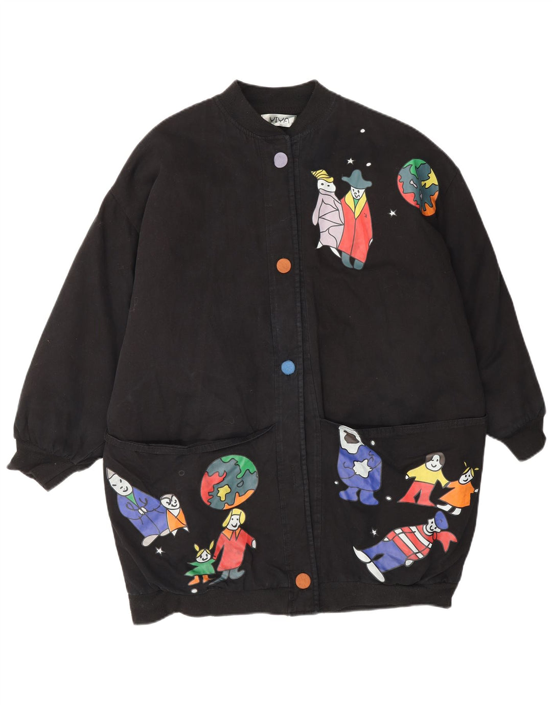 Vintage Womens Graphic Oversize Bomber Jacket UK 18 XL Noir