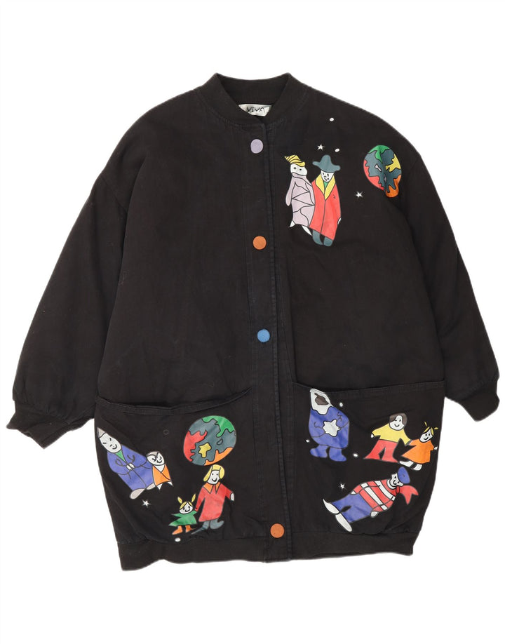 Vintage Womens Graphic Oversize Bomber Jacket UK 18 XL Noir