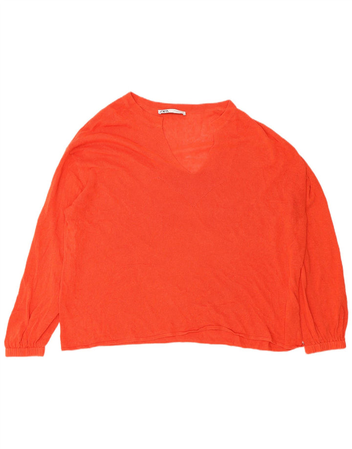 Zara Pull surdimensionné à col en V pour femme UK 14 Orange moyen