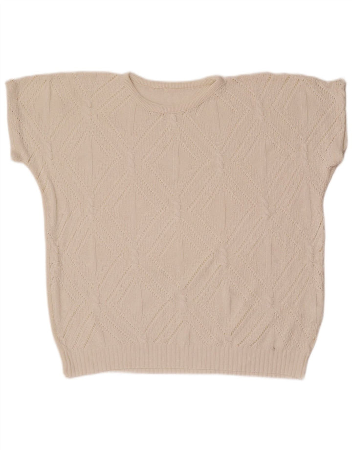 vintage Womens Crew Neck Jumper Pull UK 14 Moyen Blanc Géométrique