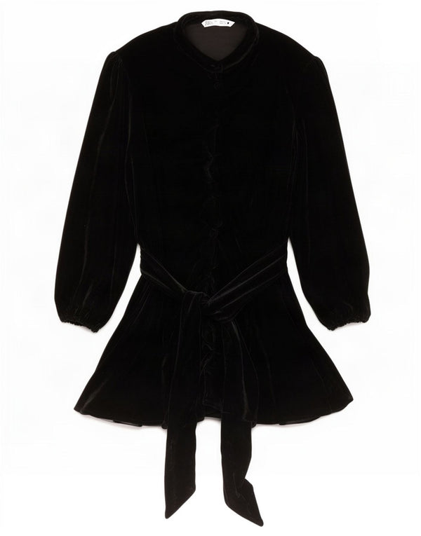 Zara Robe chemise en velours à manches longues pour femme UK 14 Large Noir Polyester