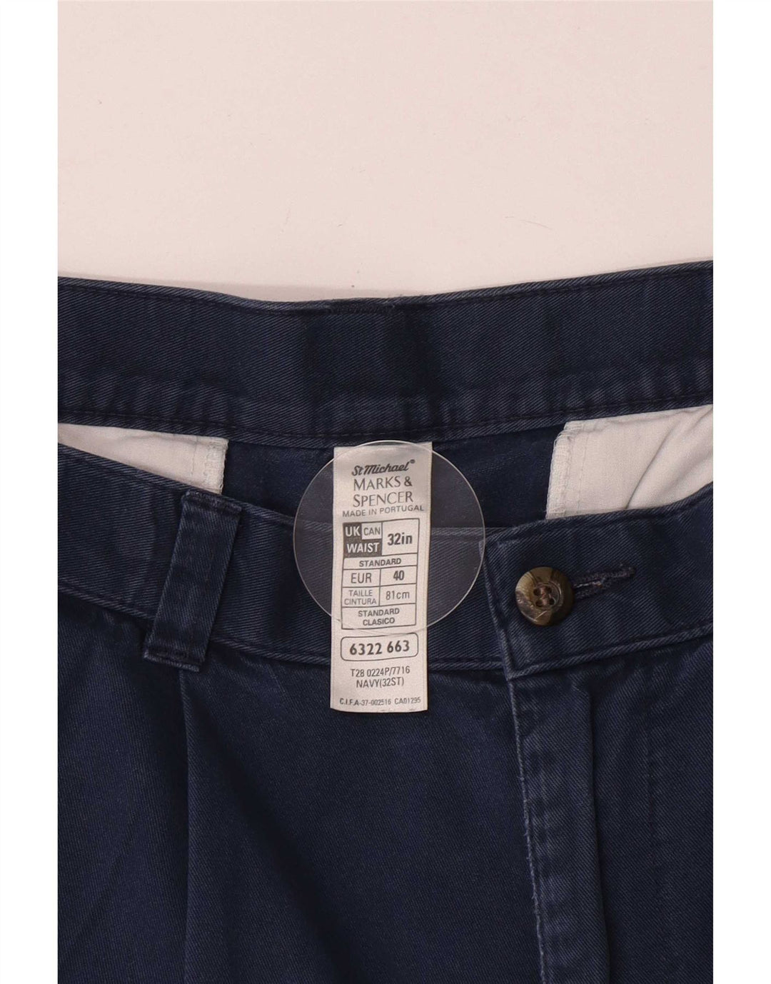 Marks & Spencer Short Chino Pegged Homme W32 Bleu Marine Moyen Coton