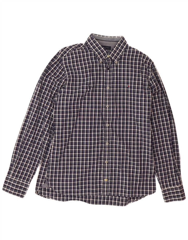TOMMY HILFIGER Mens Custom Fit Shirt Large Navy Blue Check Cotton