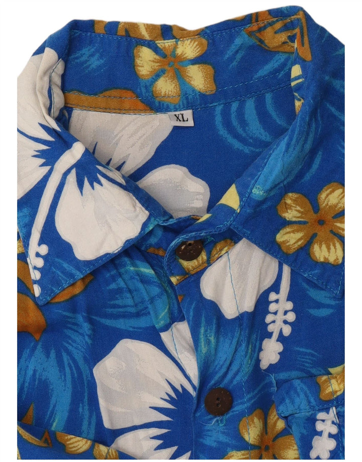 VINTAGE Chemise hawaïenne à manches courtes pour hommes XL Bleu Floral