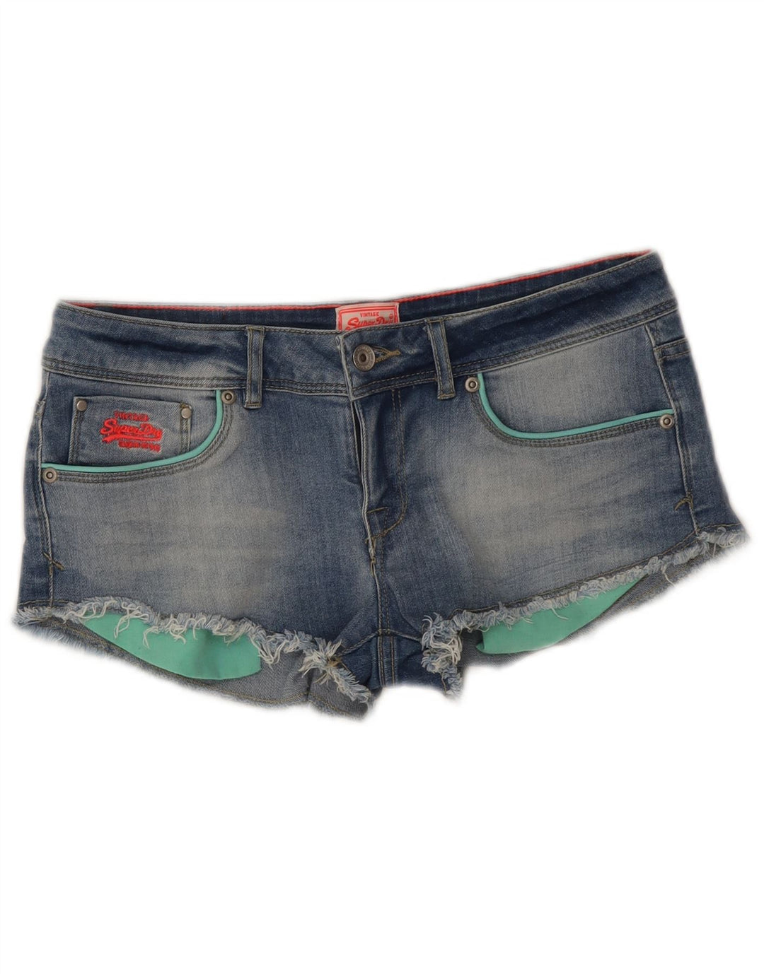 Superdry Femme Taille Basse Denim Hot Pants W30 Bleu Moyen Coton