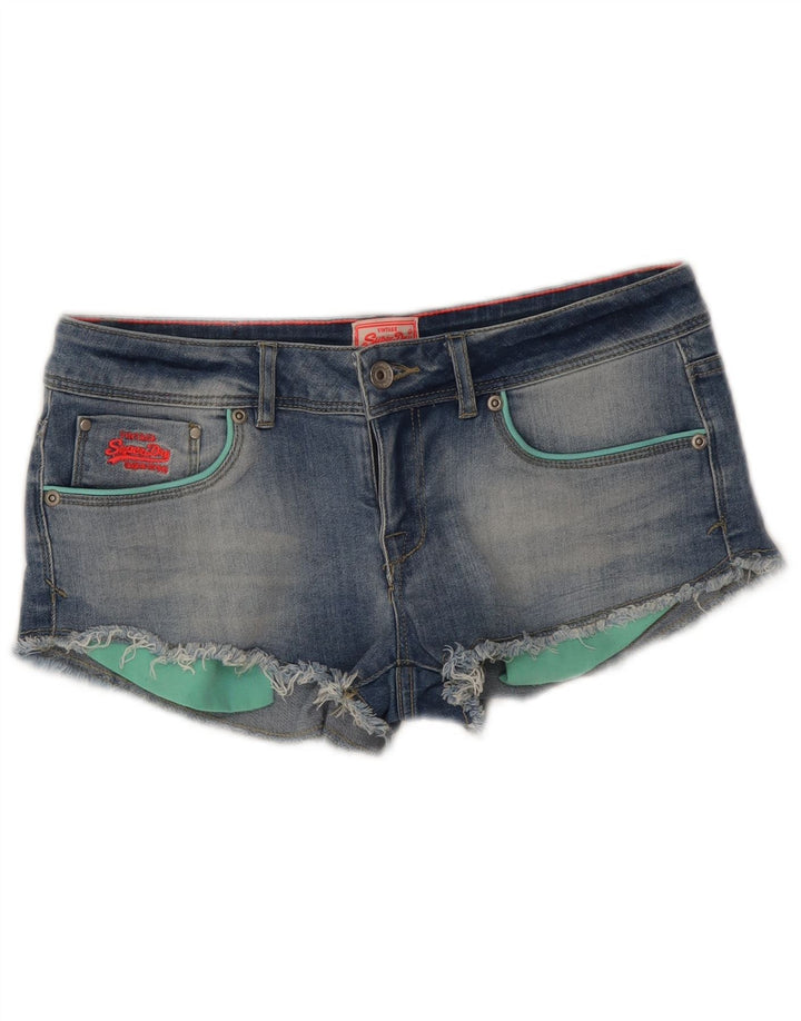 Superdry Femme Taille Basse Denim Hot Pants W30 Bleu Moyen Coton