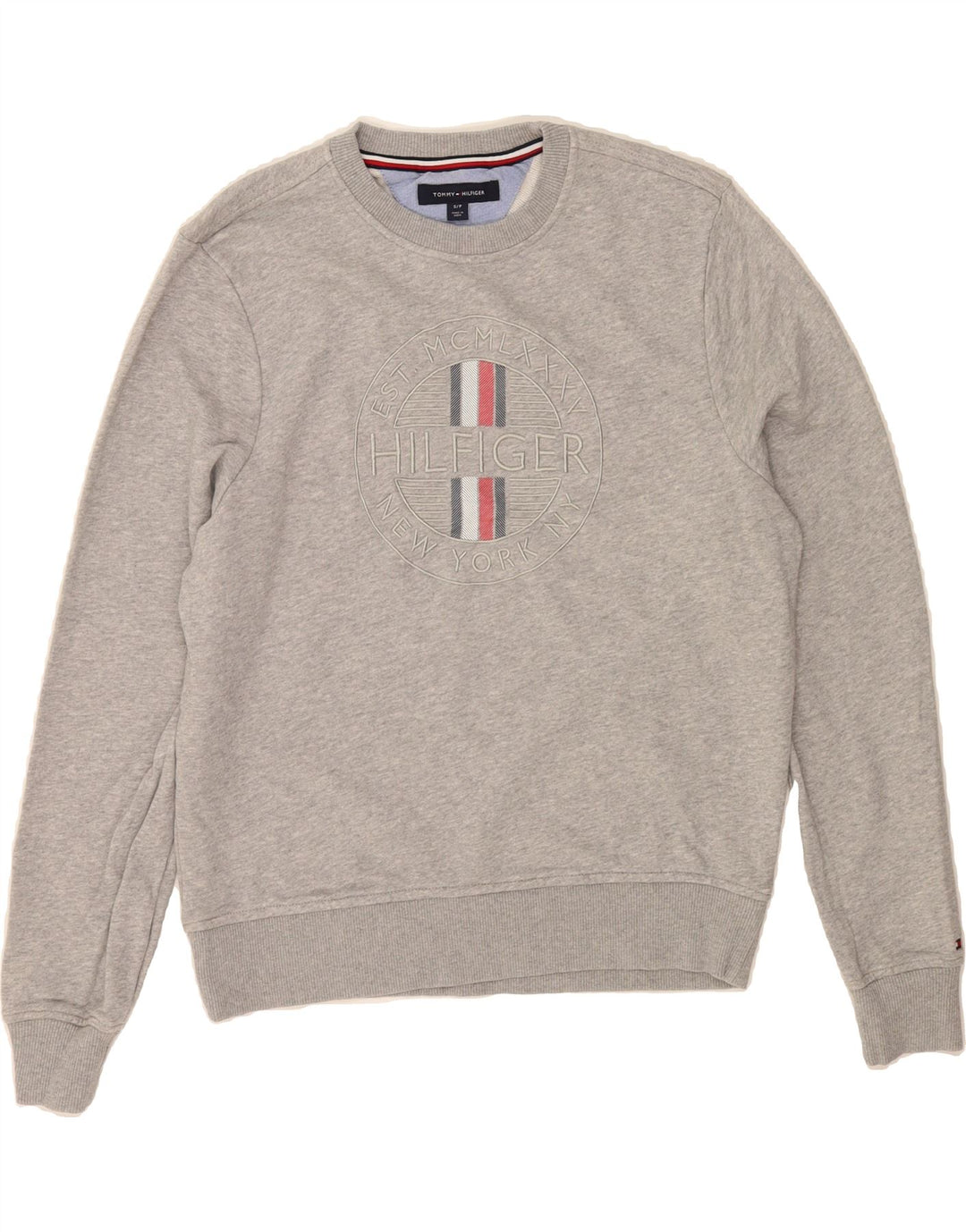 TOMMY HILFIGER Mens Graphic Sweatshirt Jumper Small Grey Cotton Vintage Tommy Hilfiger and Second-Hand Tommy Hilfiger from Messina Hembry 