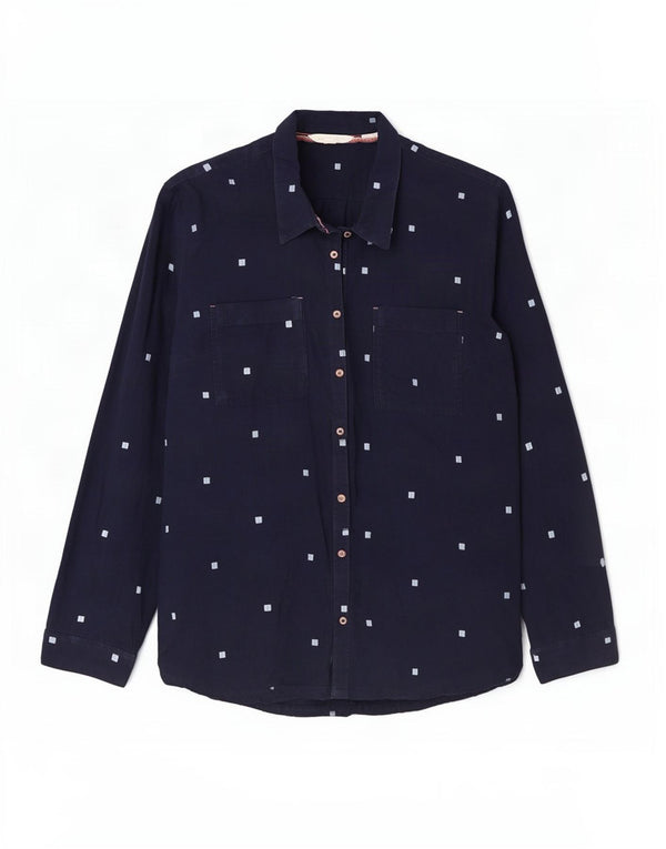 Chemise à manches 3/4 White Stuff pour femme UK 12 en coton géométrique bleu marine moyen