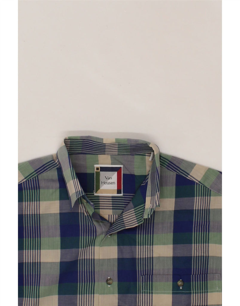 VAN HEUSEN Mens Short Sleeve Shirt Medium Blue Check Cotton Vintage Van Heusen and Second-Hand Van Heusen from Messina Hembry 