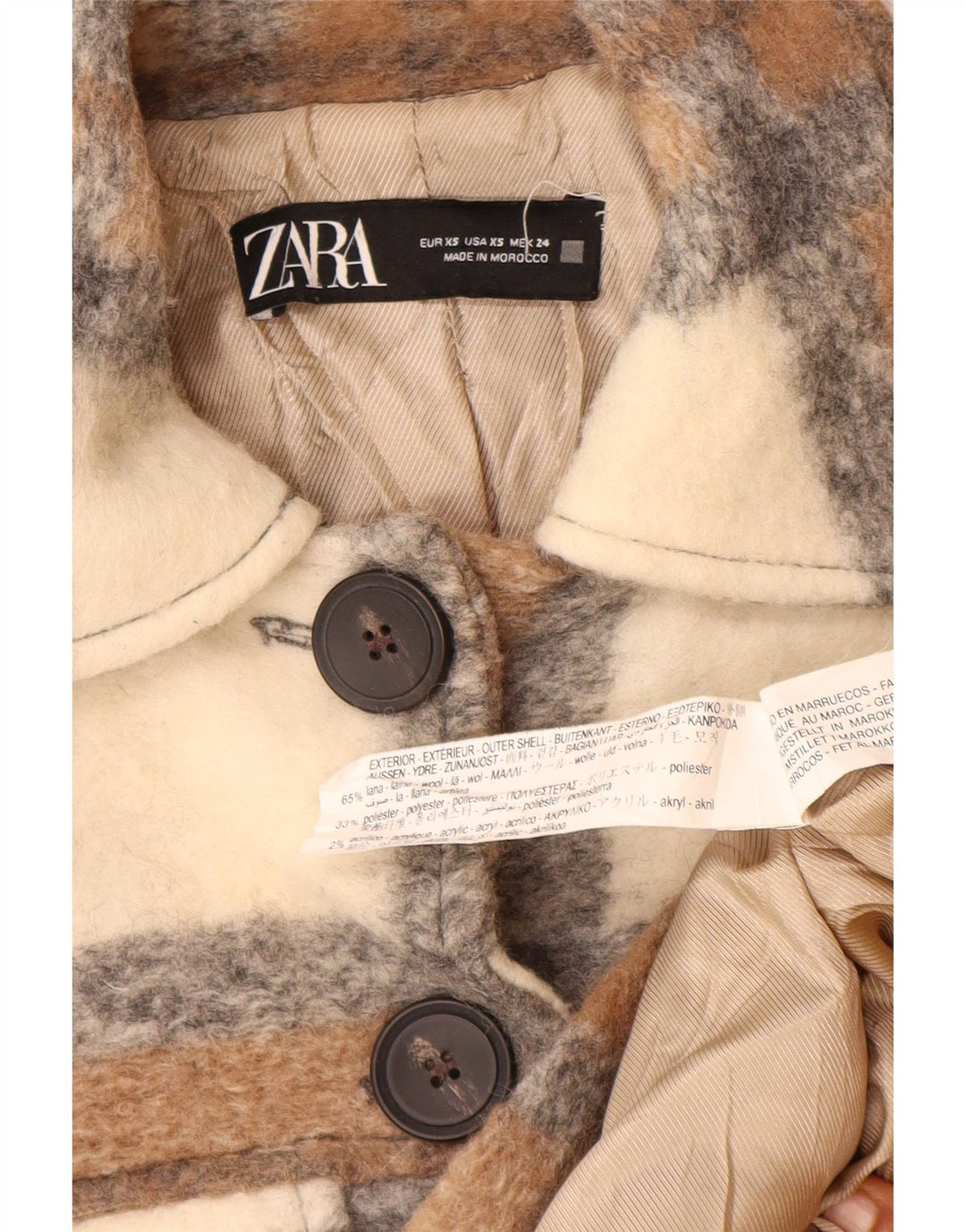 Zara Womens Shacket Veste surdimensionnée UK 6 XS Laine à carreaux beige