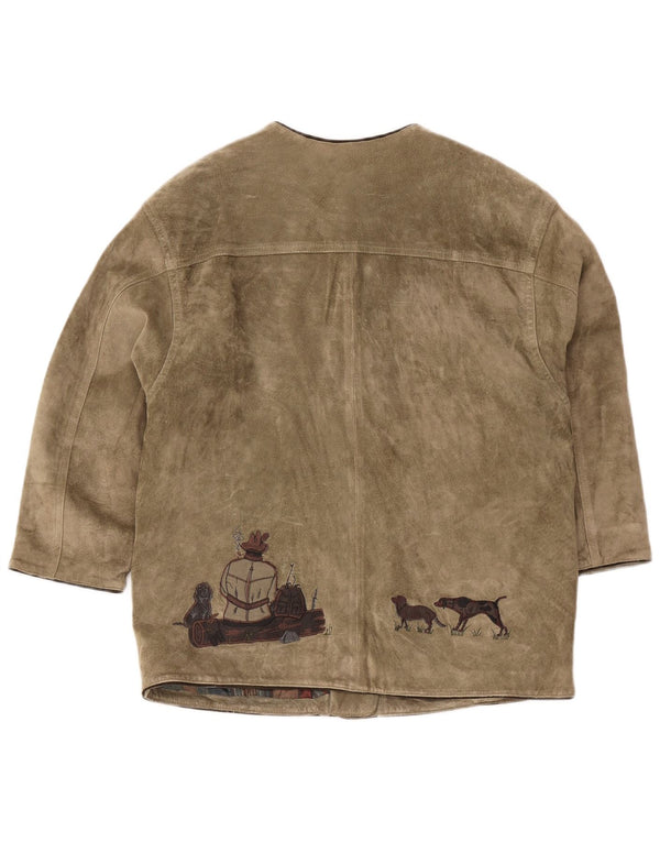 vintage Mens Hunting Graphic Suede Jacket EU 42 Grand imprimé animal kaki