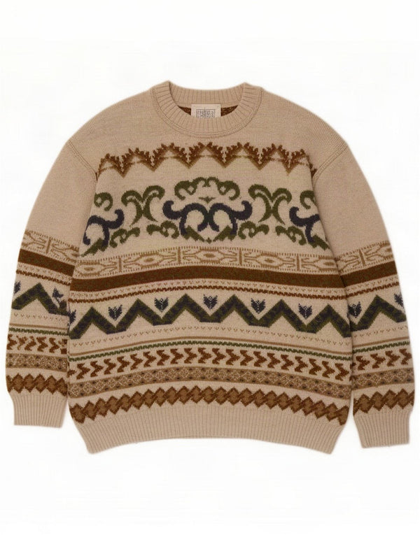 Vintage Pull col bateau pour homme Large Beige Fair Isle Wool