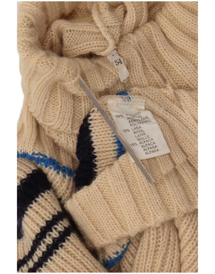 VINTAGE Femme Roll Neck Jumper Pull UK 12 Acrylique Rayé Beige Moyen