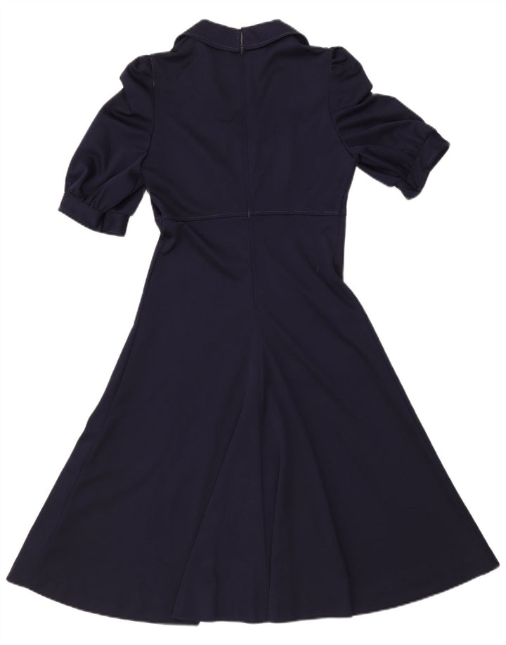 VINTAGE Robe A-Line Femme UK 8 Petit Bleu Marine Polyester