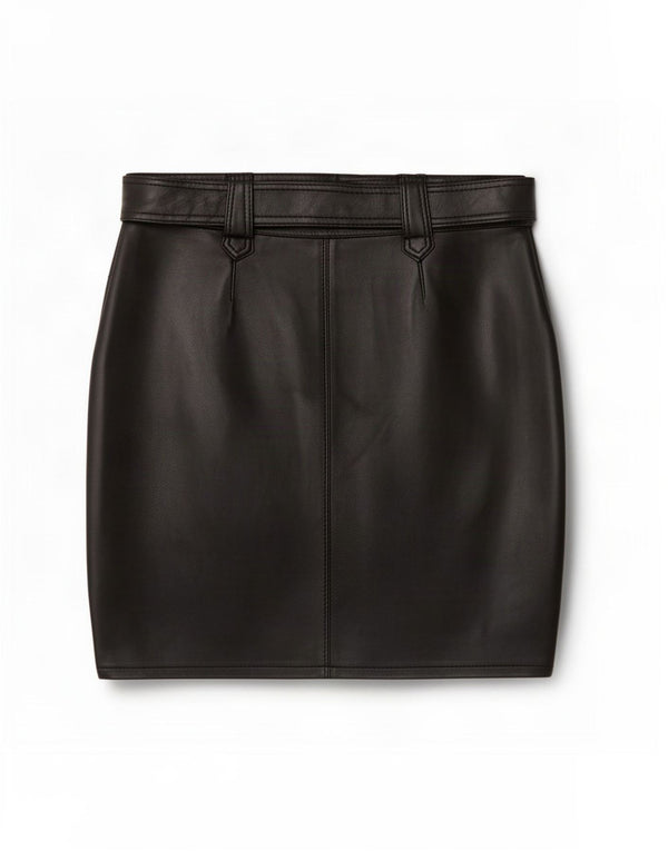 vintage Femme Mini Jupe En Cuir Grande W34 Noir