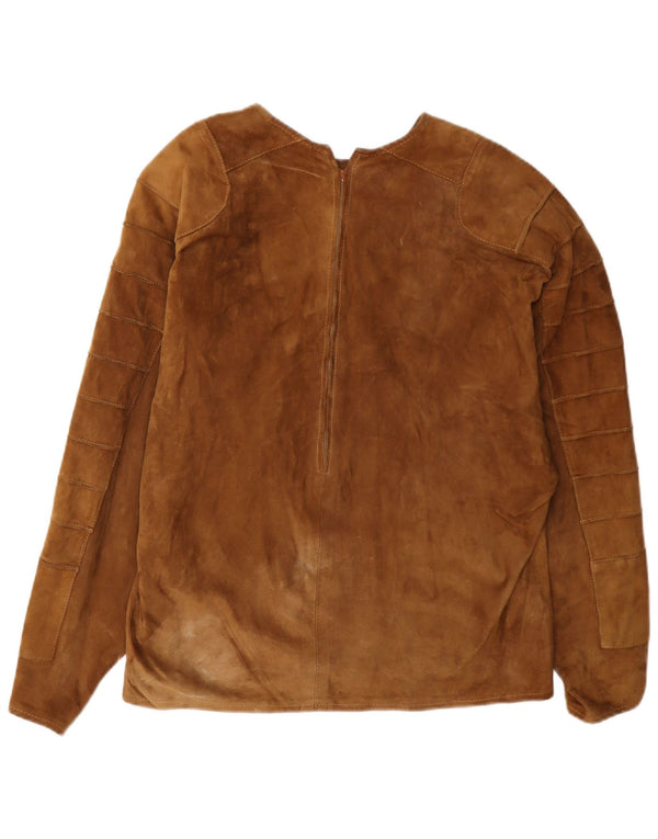 vintage Femmes Crop Manches Longues Blouse En Daim Top UK 16 Grand Marron