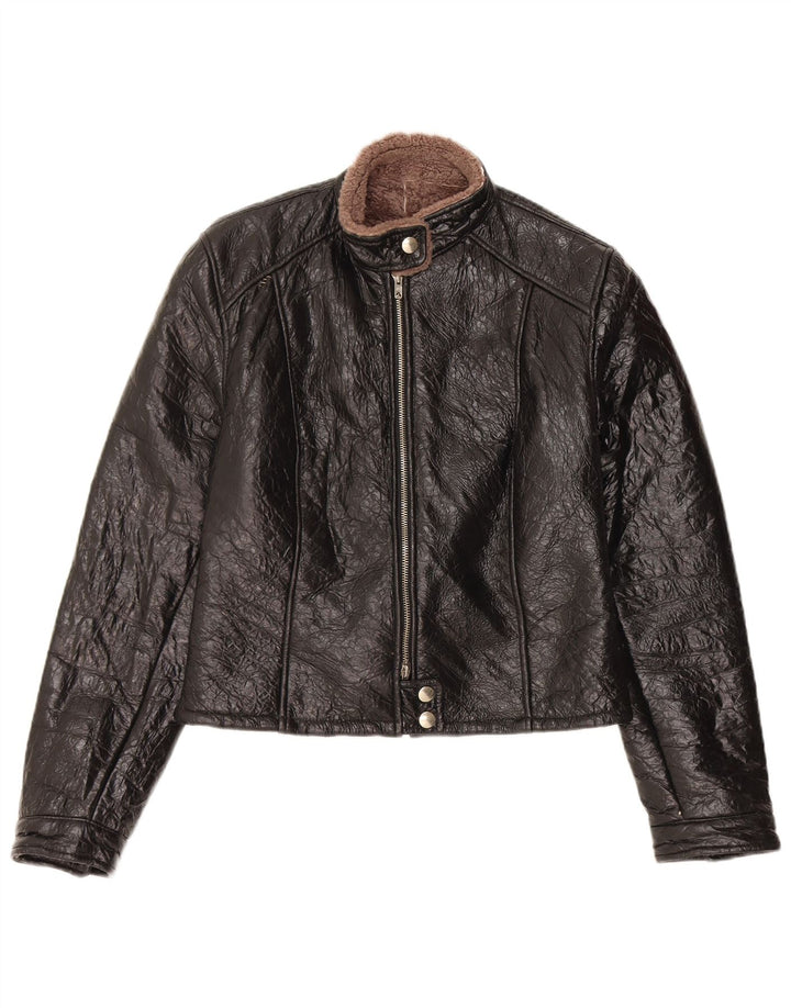 Veste Shearling Femme Vintage UK 14 Cuir Noir Moyen