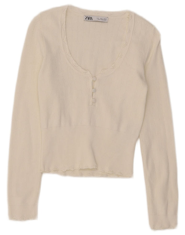Zara Pull court à col bateau pour femme UK 8 Small Blanc Viscose