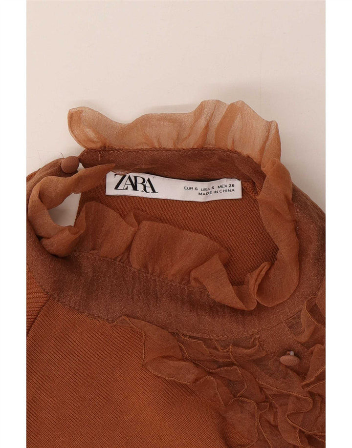 Zara Womens Ruffle Front Blouse Top UK 8 Petit Nylon Marron