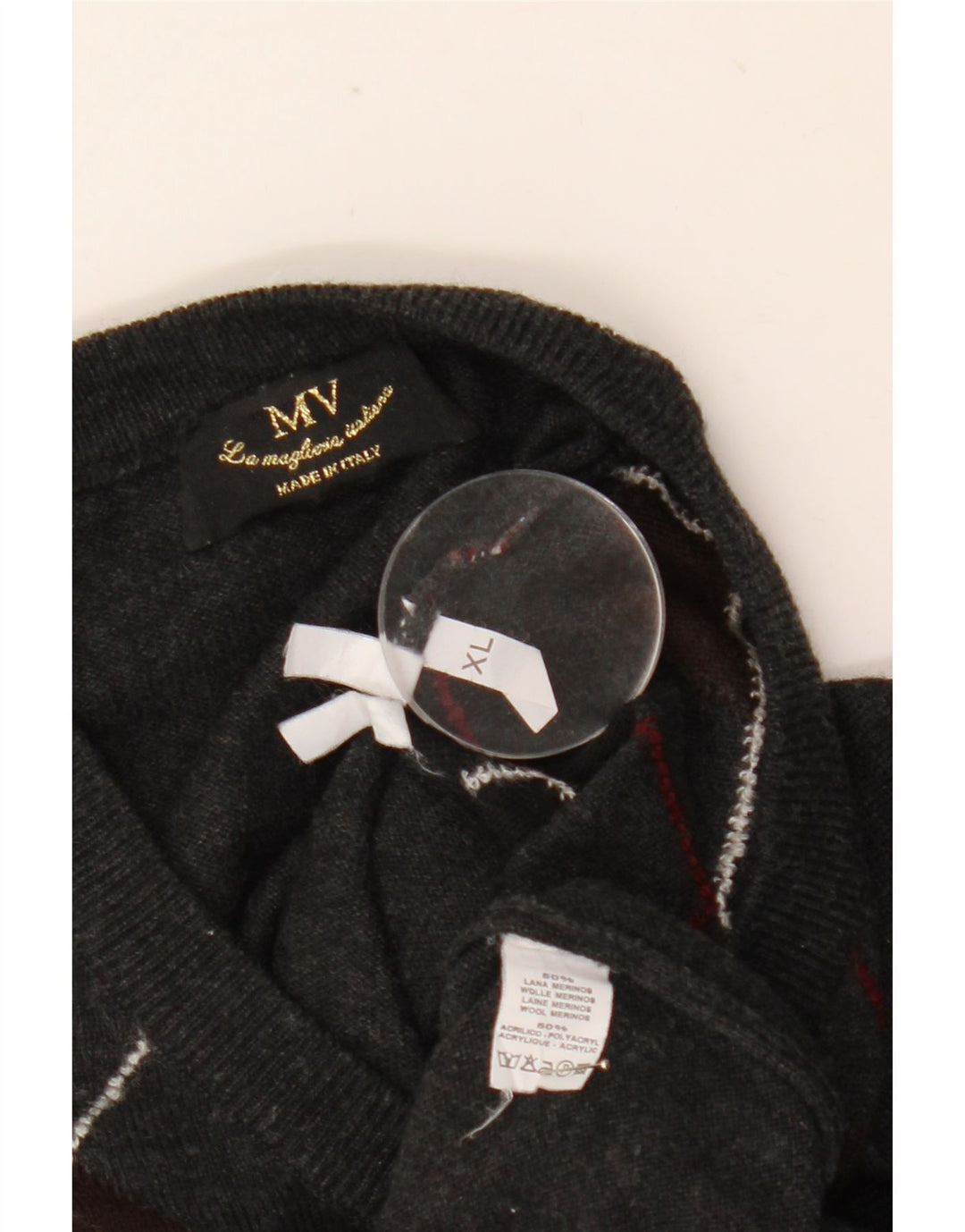 vintage Homme Col V Pull Pull XL Gris Argyle/Diamond Laine