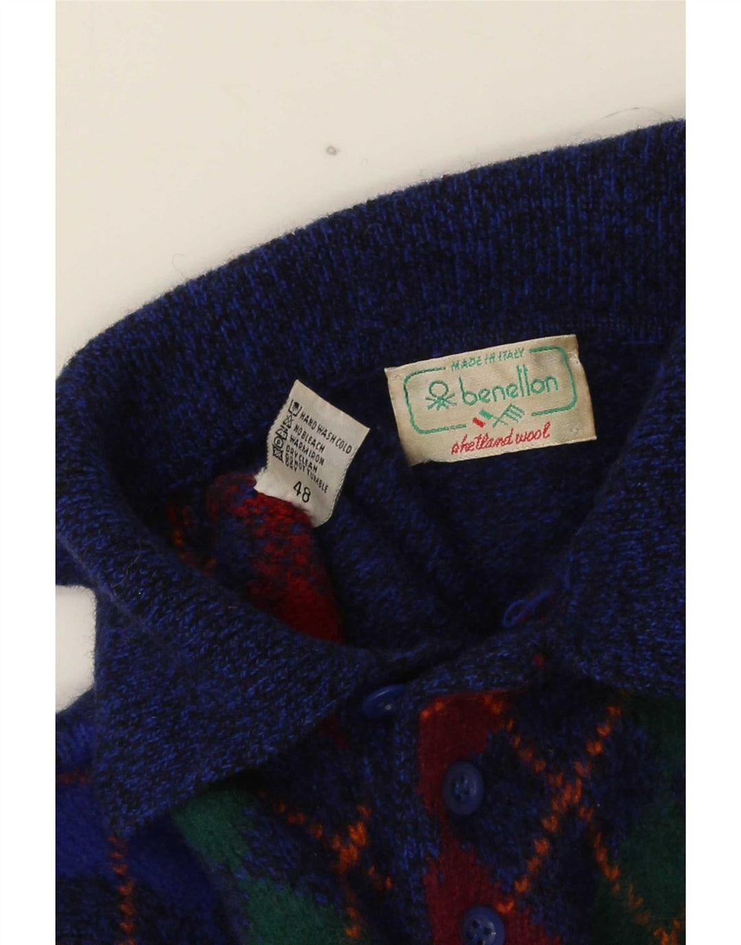Benetton Pull à col polo pour homme IT 48 Small Bleu Argyle/Diamond Laine