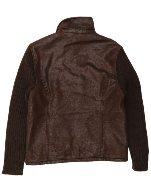 vintage Mens Faux Leather Jacket UK 36 Petit Marron Colourblock Polyester