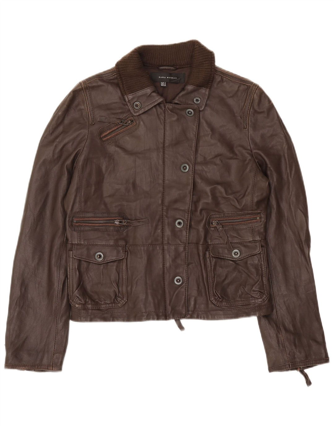 Zara Veste en cuir pour femme UK 10 Petit cuir marron
