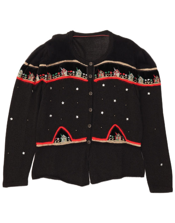 vintage Femme Graphique Cardigan Pull UK 14 Grand Coton Noir