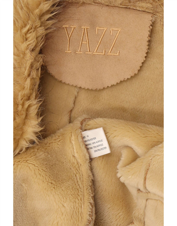 vintage Femme Ouvert Sherpa Veste UK 14 Grand Beige Polyester
