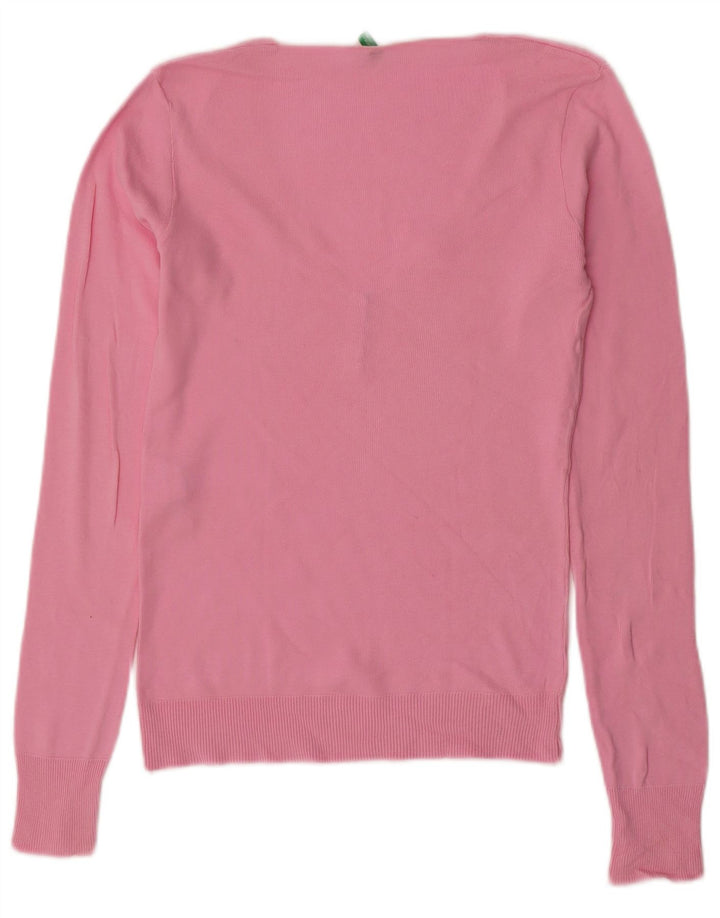 BENETTON Pull col en V pour femme UK 12 Coton rose moyen