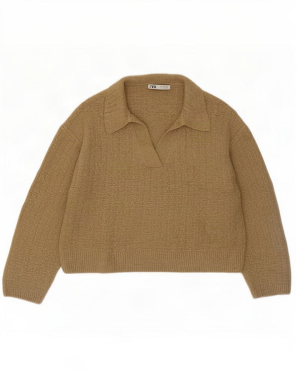 Zara Pull court à col polo pour femme Coupe ample UK 14 Kaki moyen