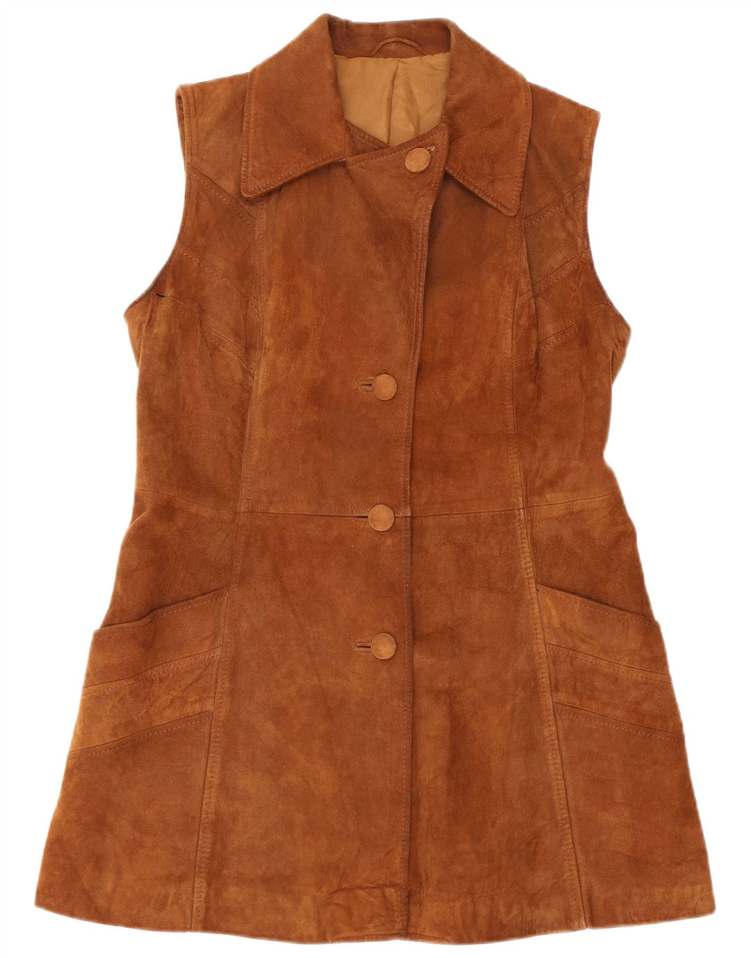 vintage Femme Daim Sans Manches Pardessus IT 46 Grand Cuir Marron