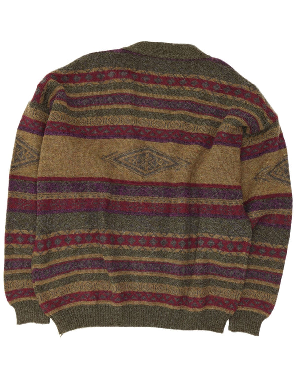 Vintage hommes coupe régulière Cardigan pull 2XL vert rayé Polyamide rétro
